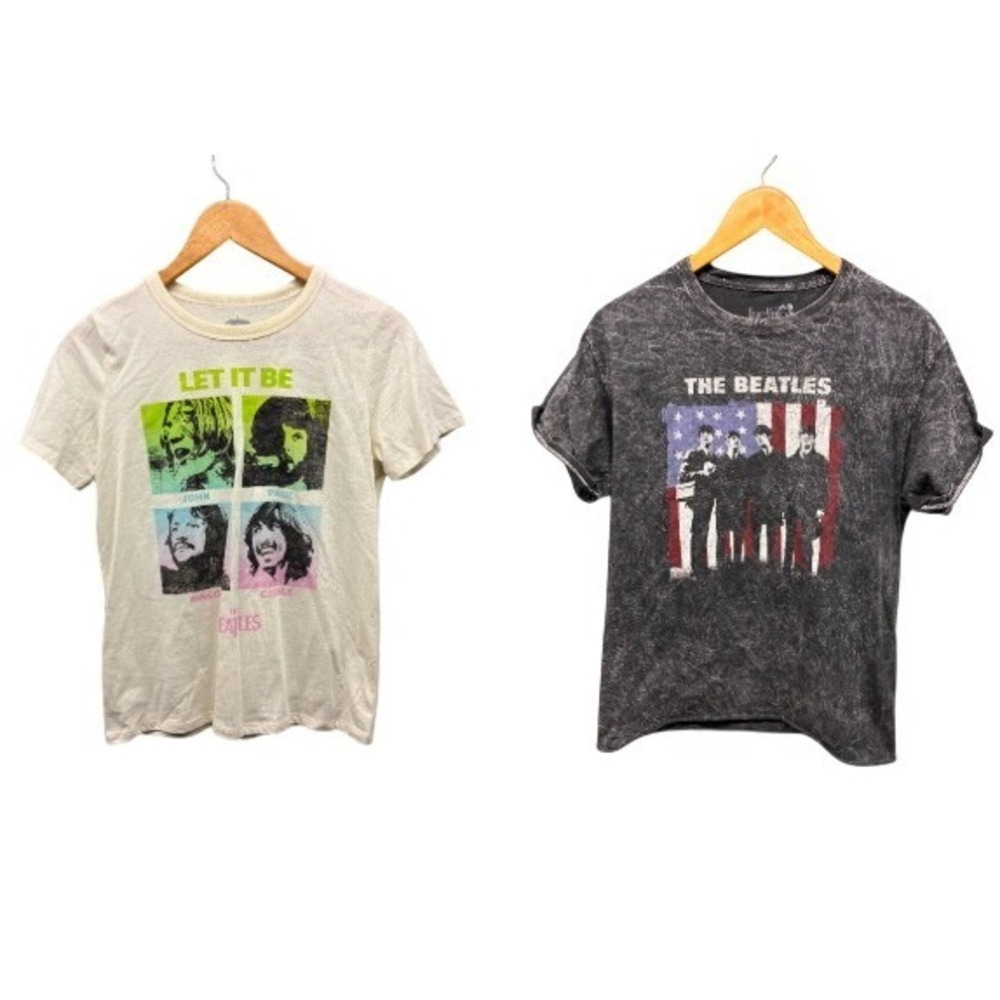 The Beatles T-Shirt Gray Ivory Men's Small Let It Be Graphic Rock Band Lot of 2